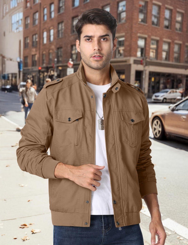 CRYSULLY Men's Cotton Lightweight Multi Pockets Zip Front Stand Collar Military Jackets Windbreaker - Image 3